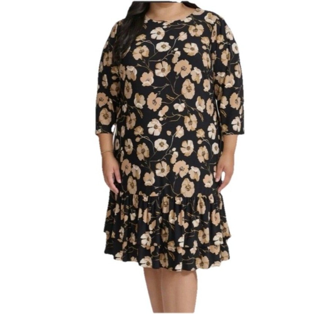 Tommy Hilfiger Women Plus 20W Black Beige Floral Ruffle-Trim Shift Dress EUC